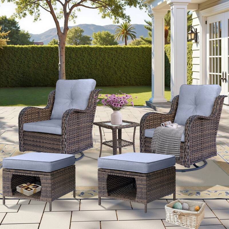 5 Piece Outdoor Wicker Patio Furniture Swivel Chair with Ottoman Set
