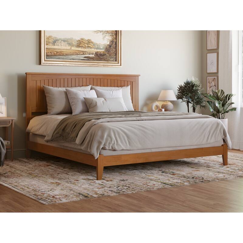 King Bed Frame with Charging Station - Solid Wood Foundation, Grooved Detailing, Light Toffee Finish