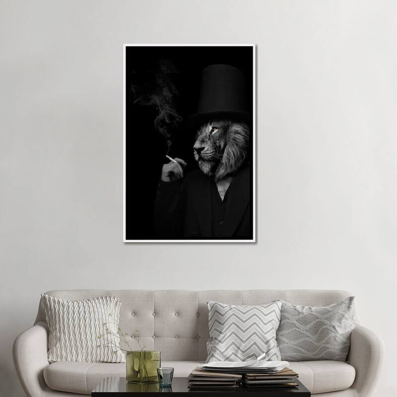 iCanvas "Man In The Form Of A Lion Person Black And White Smoking" by Adrian Vieriu Framed