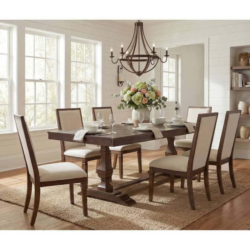 Farmhouse Dining Chair and Bench Set, Solid Wood Upholstered Armless Chair and Dining Bench with Turned Legs - 6 Piece - Rustic Brown