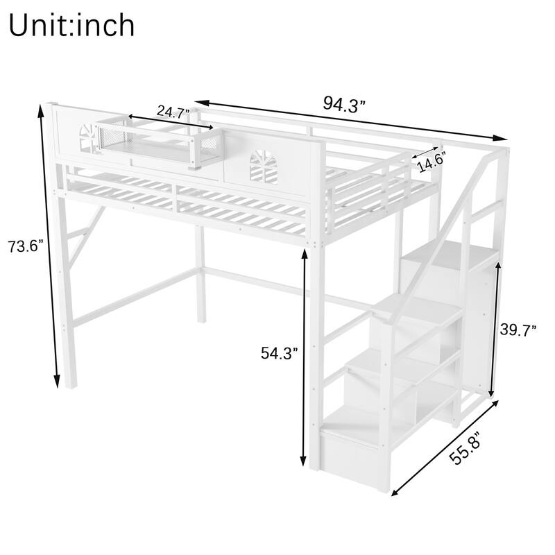 White High Loft Bed Frame with Storage Stairs and Wardrobe, Loft Metal Frame Bed with High House Shaped Guardrails for Kid Teens