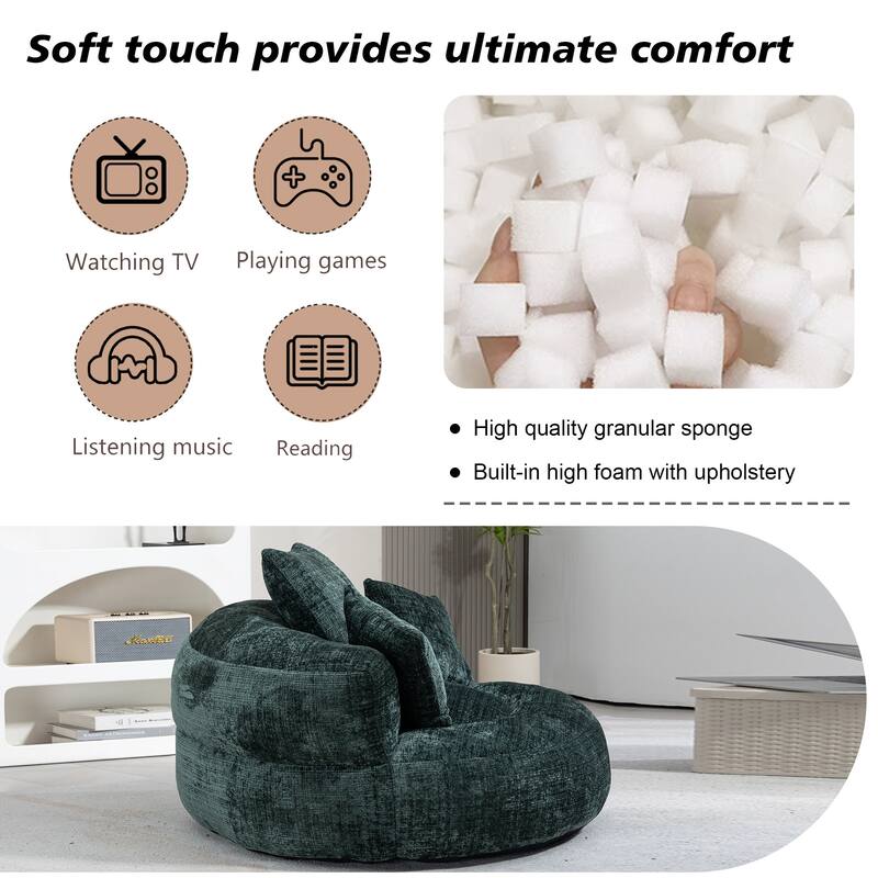 Chenille Upholstered Durable Comfort Lounger High Back Bean Bag Lazy Sofa With Three Pillows
