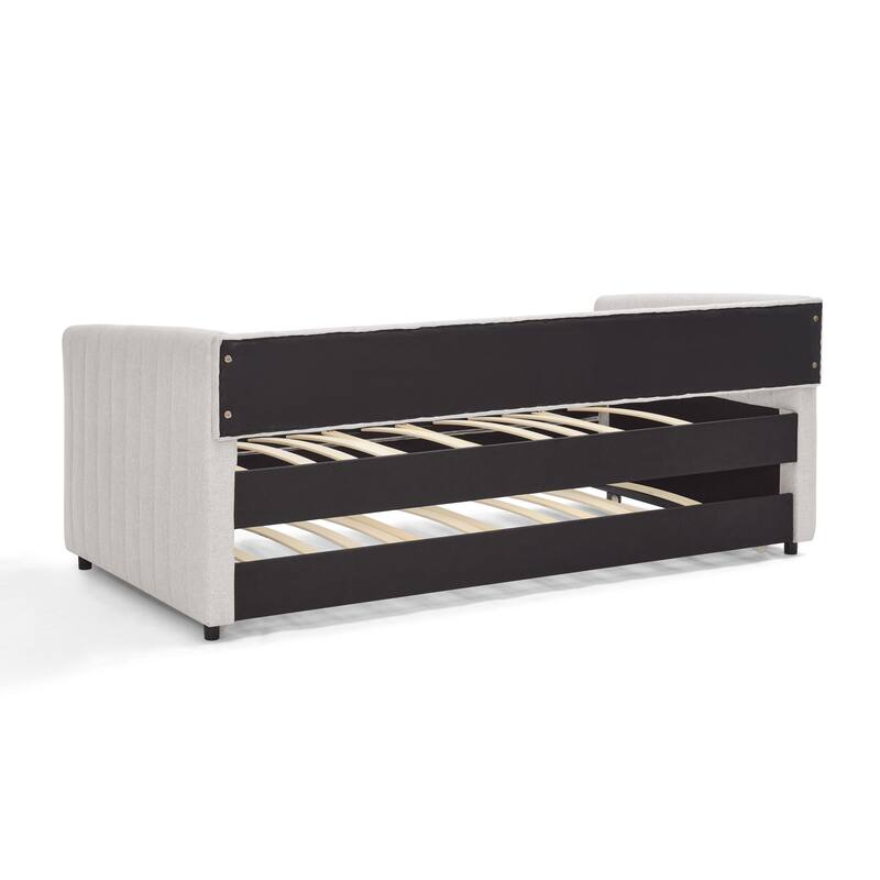 Twin Size Daybed Vertical Stripes Upholstered Sofa Bed with Trundle