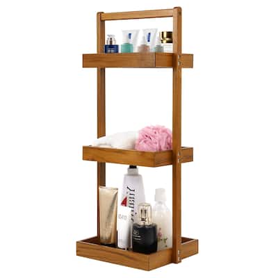 Teak Shower Caddy Shelf, Standing Shower Organizer for Bathroom Corner, Wooden Freestanding Racks Storage for Inside Shower