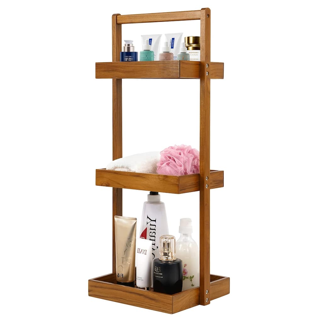 Teak Shower Caddy Shelf, Standing Shower Organizer for Bathroom Corner, Wooden Freestanding Racks Storage for Inside Shower
