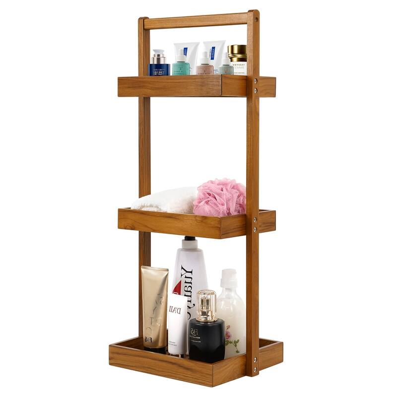 Teak Shower Caddy Shelf, Standing Shower Organizer for Bathroom Corner, Wooden Freestanding Racks Storage for Inside Shower - 3 Tier Large