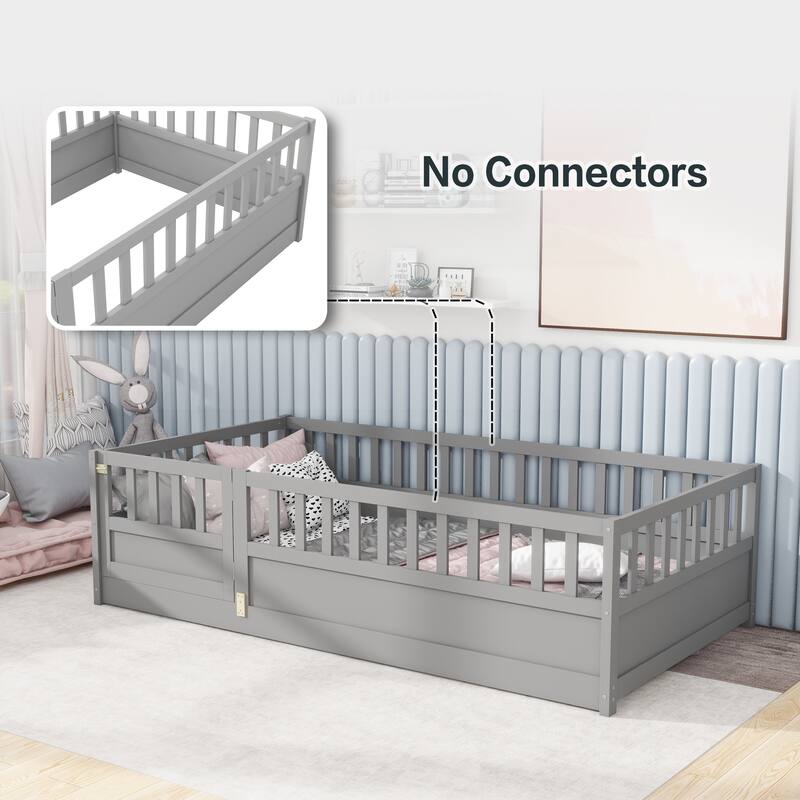 Twin/Full Size Montessori Floor Bed with High Guardrails and Door, Solid Wood Frame