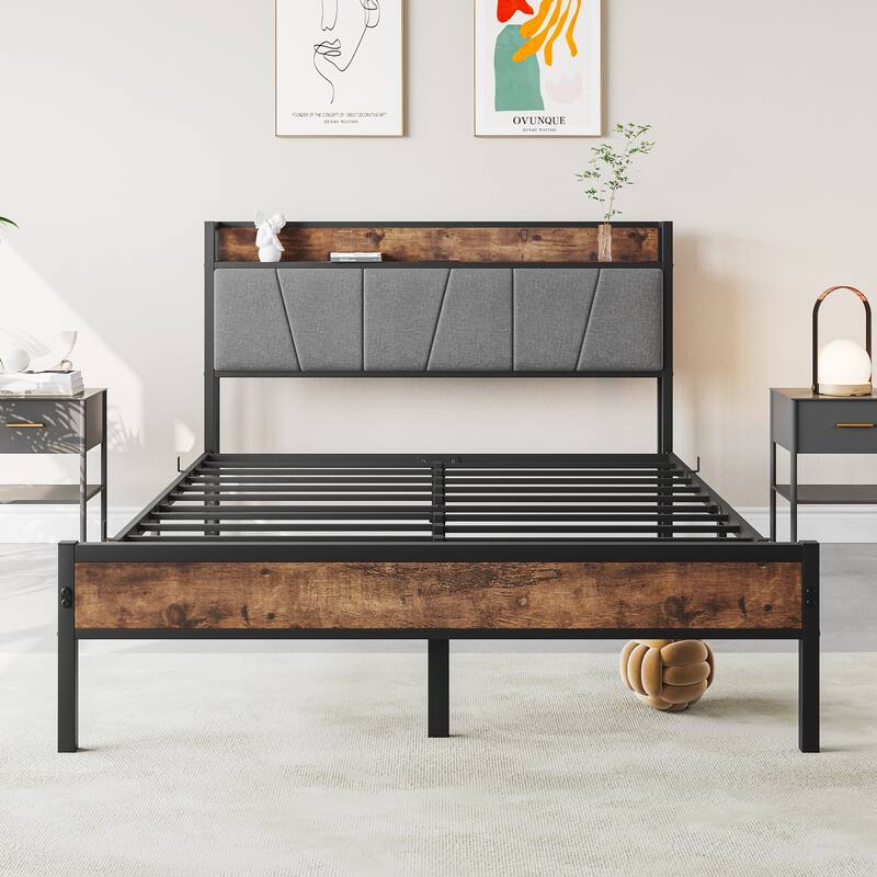 Metal Full Size Bed Frame with Storage Headboard & Charging Station, Easy Assembly, No Box Spring Required