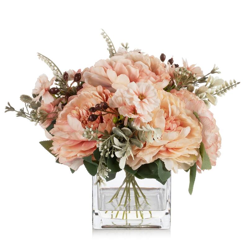 Mixed Silk Peony Artificial Flowers in Vase with Faux Water, Silk Flower Arrangements in Vase for Home Decor, Wedding Table - Champagne