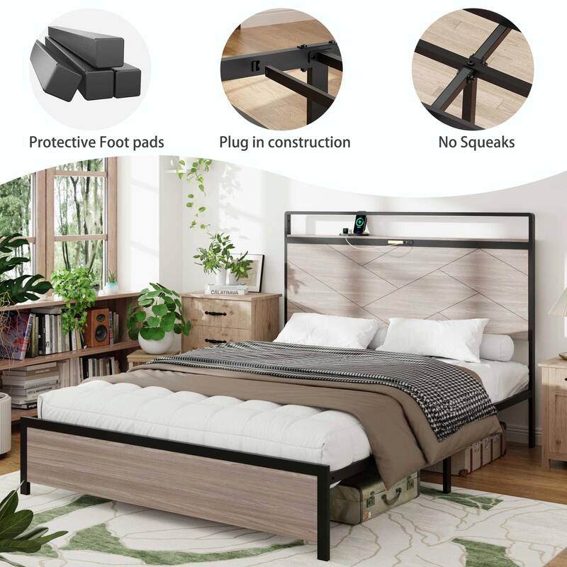 Wooden Platform Bed Frame with Storage, LED Light Headboard and 2 USB Ports, No Noise