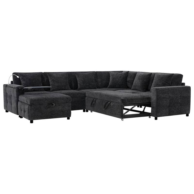 Tufted Chenille Sectional Sofa with Pull-out Bed, Flip-up Table Panel, Reading Lamp, Charging Ports, Storage Ottoman, 6 Pillows