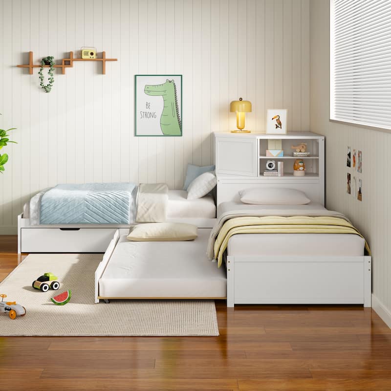 L-Shaped Triple Twin Bed with Built-In Desk, Drawers and Storage Space by Harper&Bright Designs