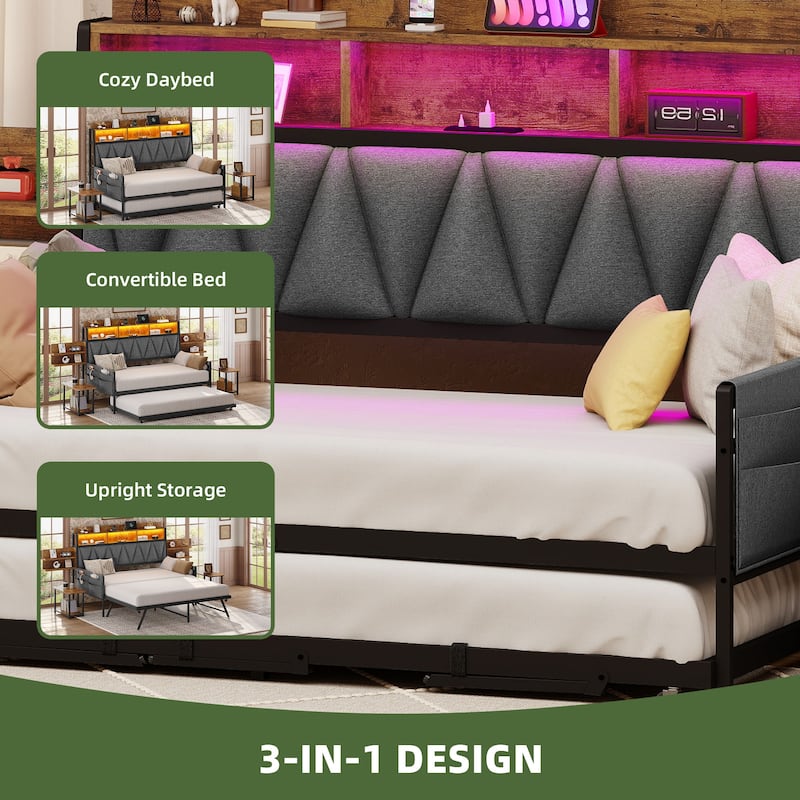 Twin Size Daybed with Trundle Heavy Duty Metal Frame RGB LED Lights Bookcase Headboard and Charging Station