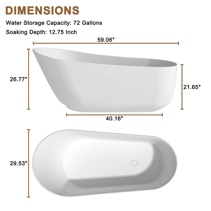 CASAINC Resin Stone Solid Surface Soaking Stand Alone Bathtub Freestanding Bathtub in Matte White