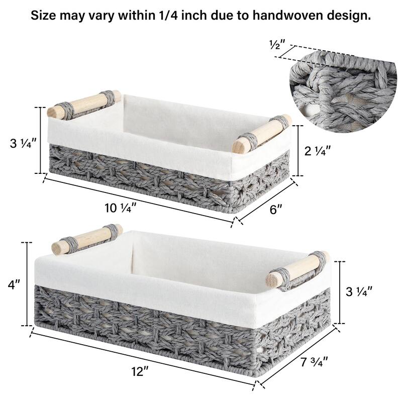 2-pack Natural Wicker Baskets with Liner and Handle, Storage Basket for Bathroom, Living Room, Kitchen - 3.25"D x 12"W x 7.75"H