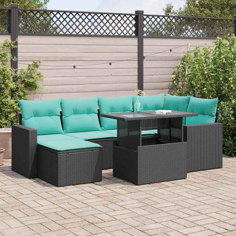 vidaXL Patio Sofa Set with Cushions and Table Outdoor 7 Piece Poly Rattan - Black with storage