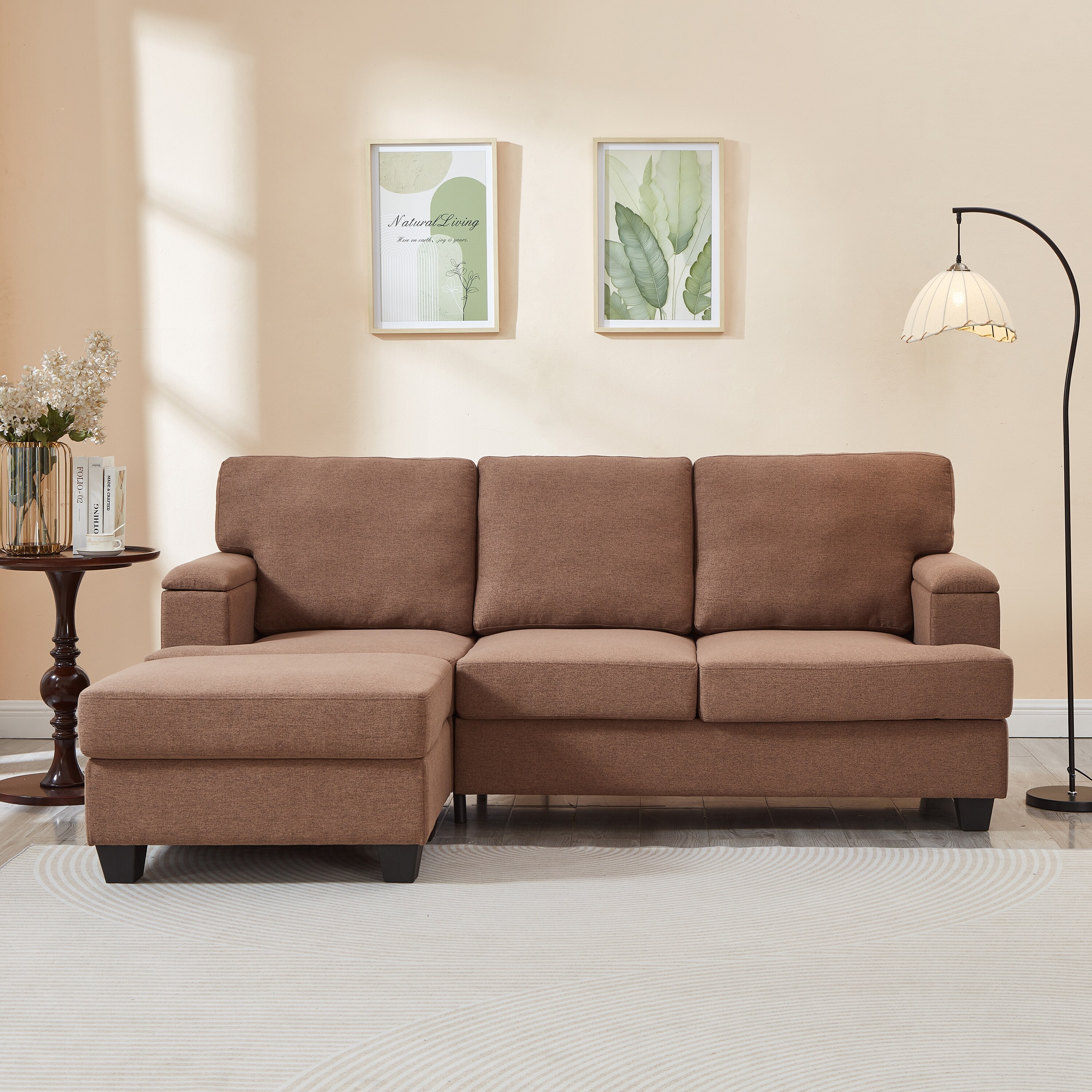 L Shaped 3 Seats Sofa with Armrest Organizer, Linen Sectional Sofa with Movable Ottoman, Comfy Upholstered 3 Seater Couch,