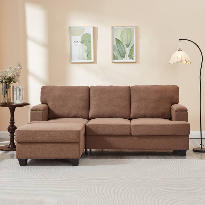 L Shaped 3 Seats Sofa with Armrest Organizer, Linen Sectional Sofa with Movable Ottoman, Comfy Upholstered 3 Seater Couch, - Brown