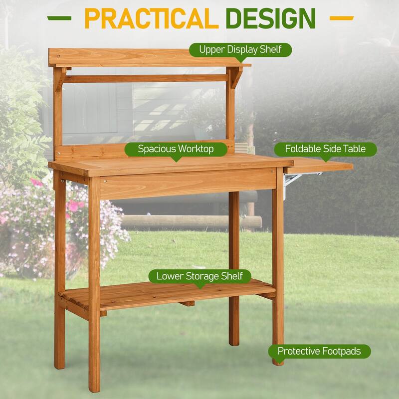 Natural Wooden Multi-Level Garden Potting Station with Foldable Side Pallet and Storage Shelf for Tools