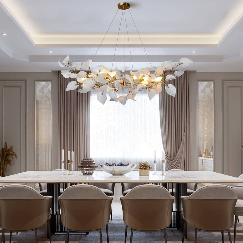 KAYLA 31.5" 6-Light Luxury Gold Round Chandelier, Modern Ceramic Leaf Branch
