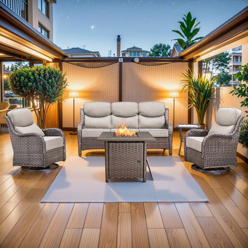 Pocassy 5 Pieces Outdoor 6" Sofa Swivel Chair with Fire Pit Table - Brown Wicker - Beige cushion
