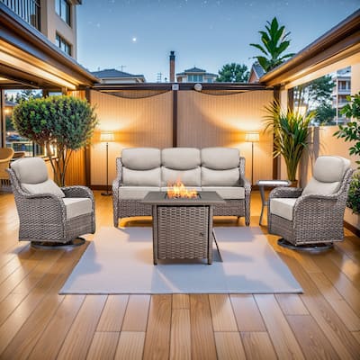 Pocassy 5 Pieces Outdoor 6" Sofa Swivel Chair with Fire Pit Table