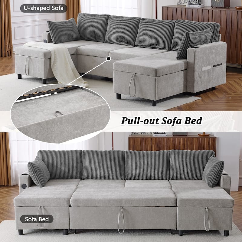 Corduroy L-shaped Sofa Sectional Sofa with 2 USB Ports and 2 Power Sockets, Storage Drawer Settee for Living Room