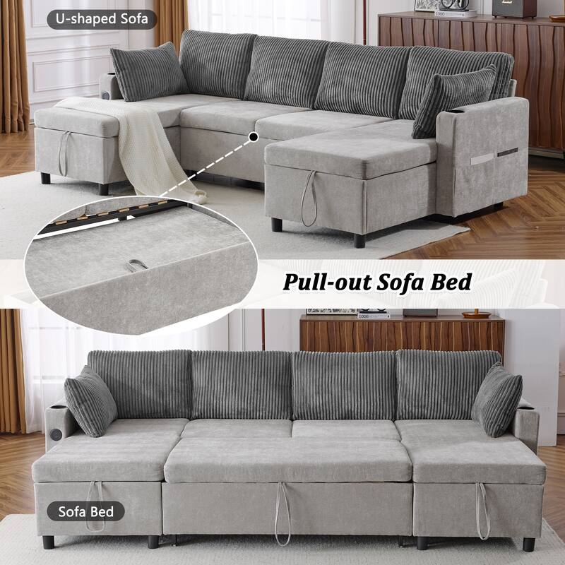 Multifunctional Sectional Sofa Bed with Pull-Out Sleeper, Dual Storage Chaises, USB Ports and Cup Holders for Living Room