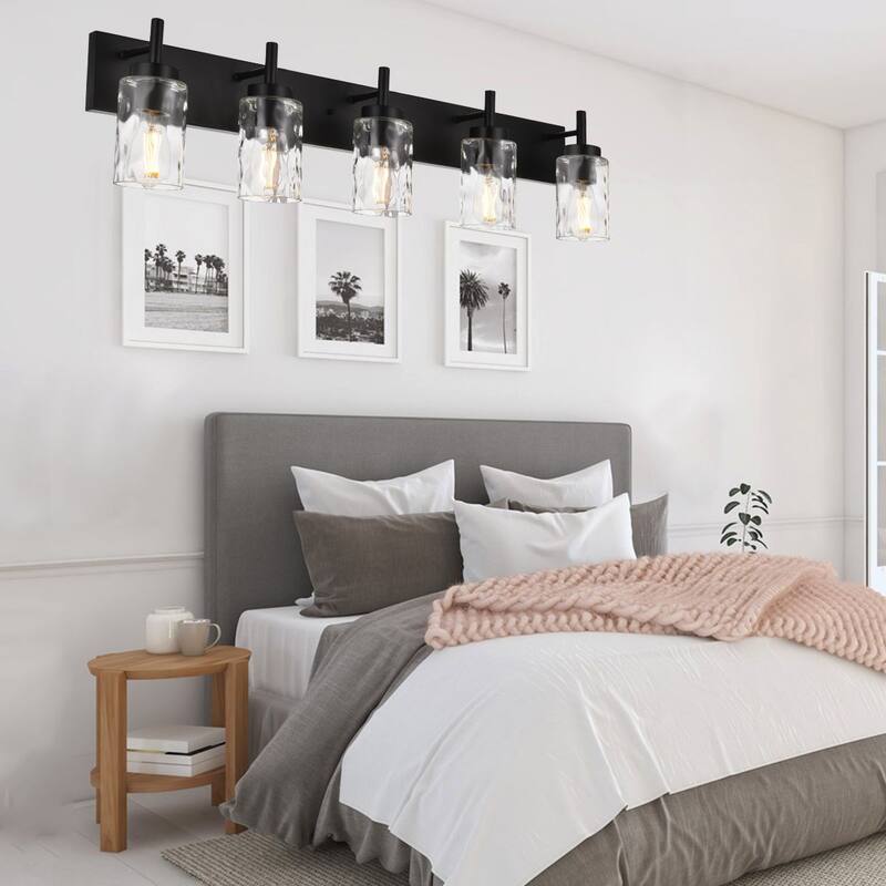 Vanity Light Fixtures 5 Light Modern Wall Sconces Lighting Black Bathroom Lights Wall Mounted with Hammered Glass Shade