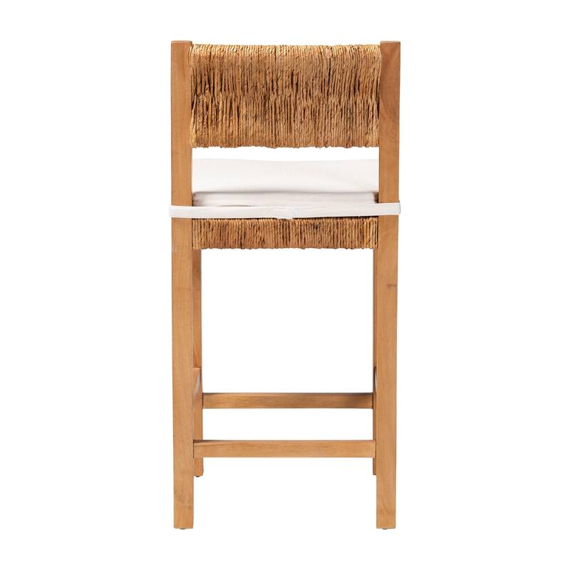 Pava Woven Seagrass Counter Stool - Solid Mahogany Wood Stool with Textured Back, Coastal Boho Seating for Kitchen Island