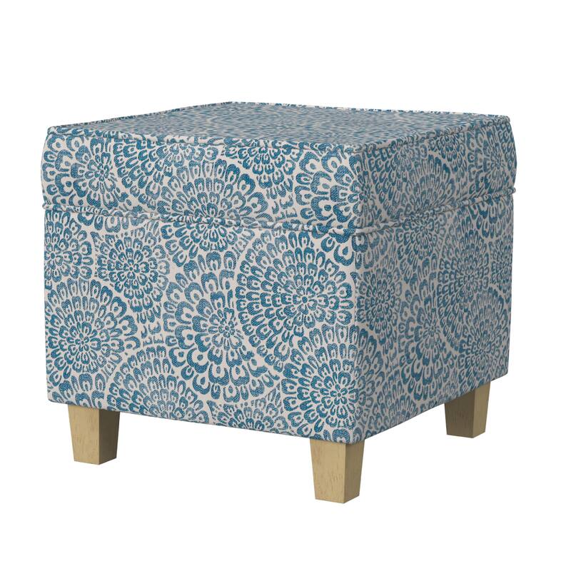 Pyp Square Storage Ottoman, 18 Inch Blue Ivory Floral Fabric, Brown