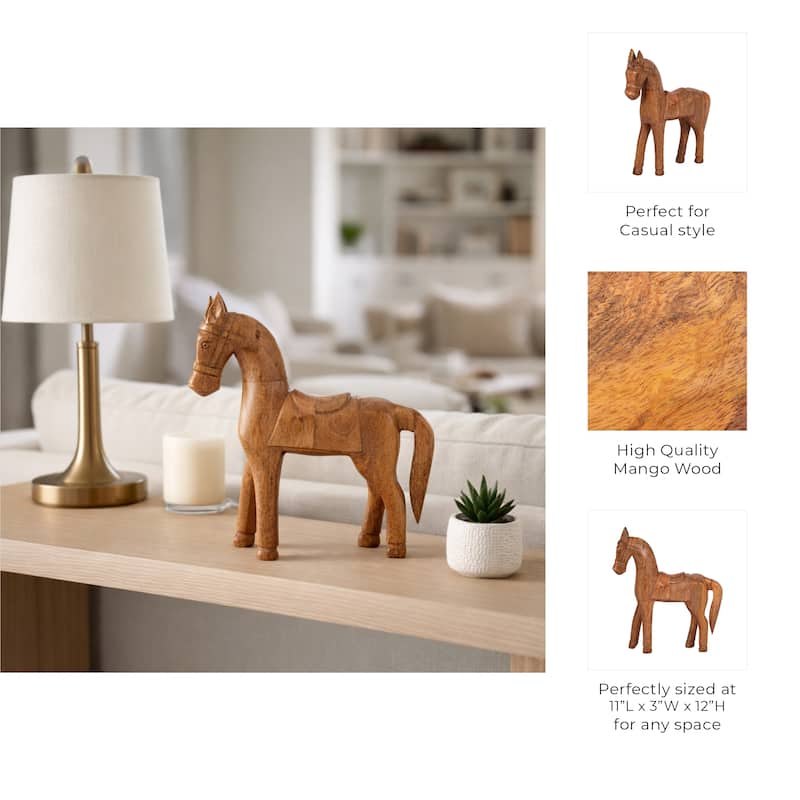 Wood Standing Horse with Saddle Figurine - Brown, 12" - 12.0"
