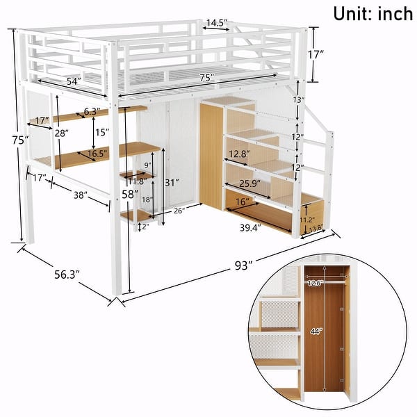 dimension image slide 1 of 2, Full Size Metal Loft Bed with Wardrobe, Desk, Storage Shelves