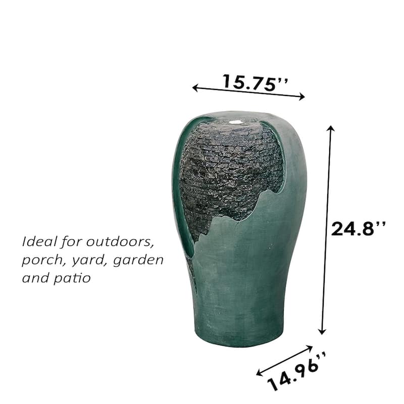 XBrand 25" Tall Modern Round Broken Egg Shell Jar Waterfall Fountain w/LED & Auto Shut Off Pump, Indoor/Outdoor Decor, Turquoise