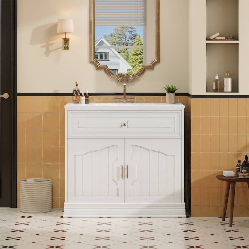 36" Elegant Bathroom Vanity‌ – Ceramic Sink, Solid Wood Frame & Soft-Closing Doors for Luxurious Storage.