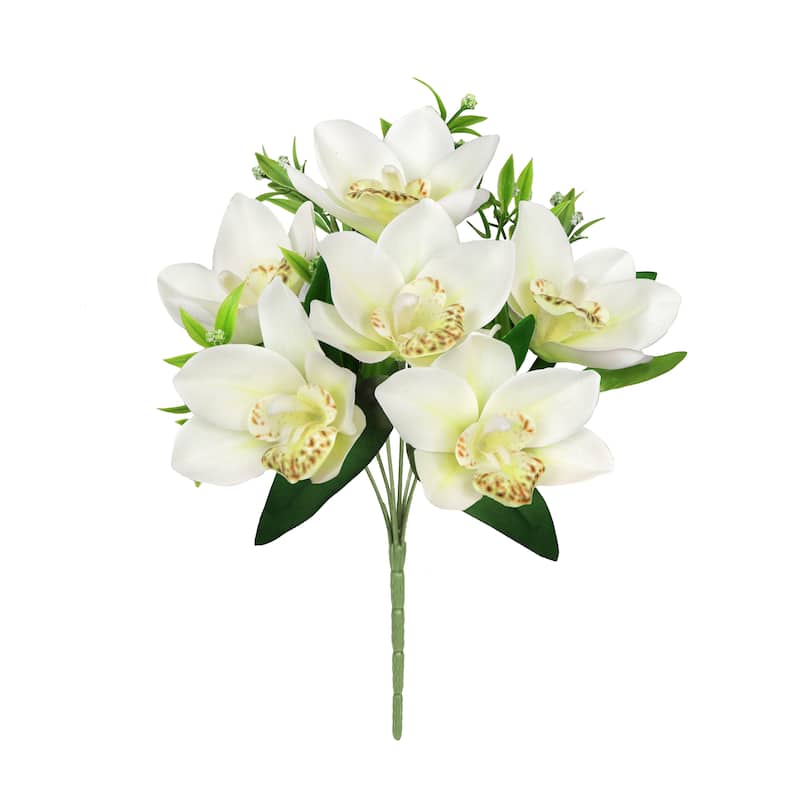 Set of 4 Cream Artificial Cymbidium Orchid Flower Stem Bush Bouquet 13in - 13" L x 8" W x 8" DP - Cream Ivory - 13" L x 8" W x 8" DP