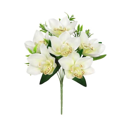 Set of 4 Cream Artificial Cymbidium Orchid Flower Stem Bush Bouquet 13in - 13" L x 8" W x 8" DP