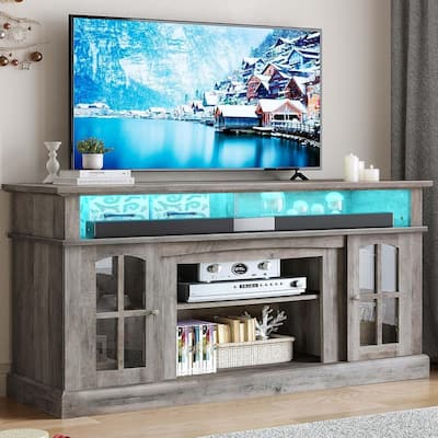Moasis LED Farmhouse TV Stand Highboy Entertainment Center Media Console with Adjustable Shelves & Glass Doors