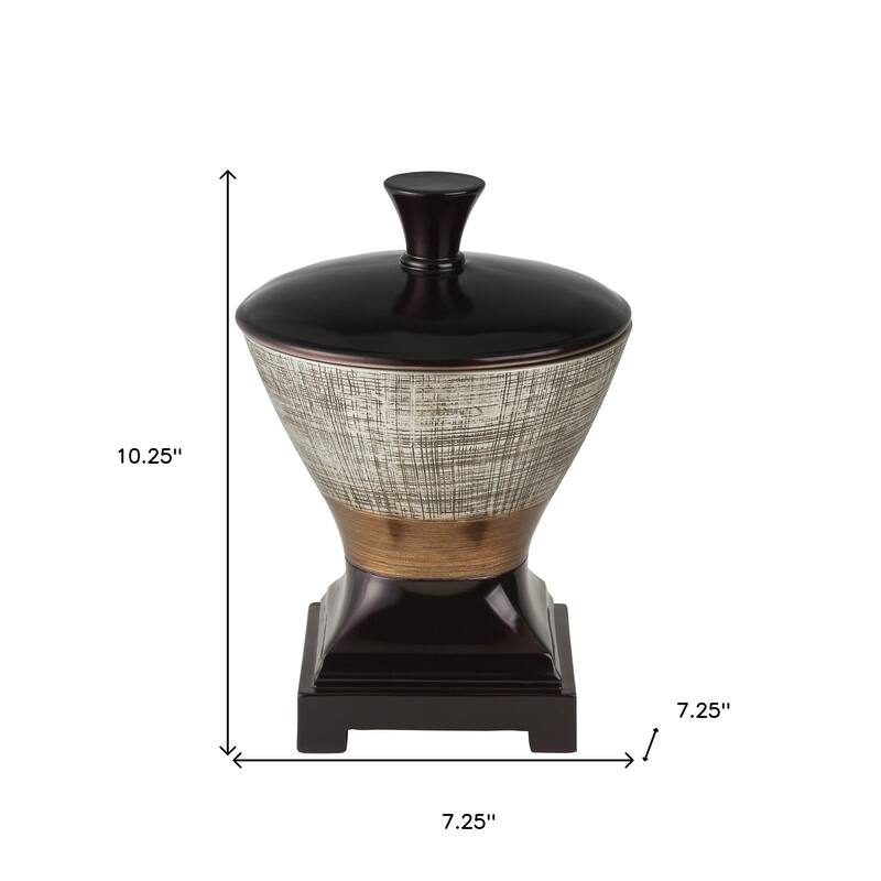 7" Espresso Gold And Silver Resin Striped Jewelry Box With Hand-Painted Designs