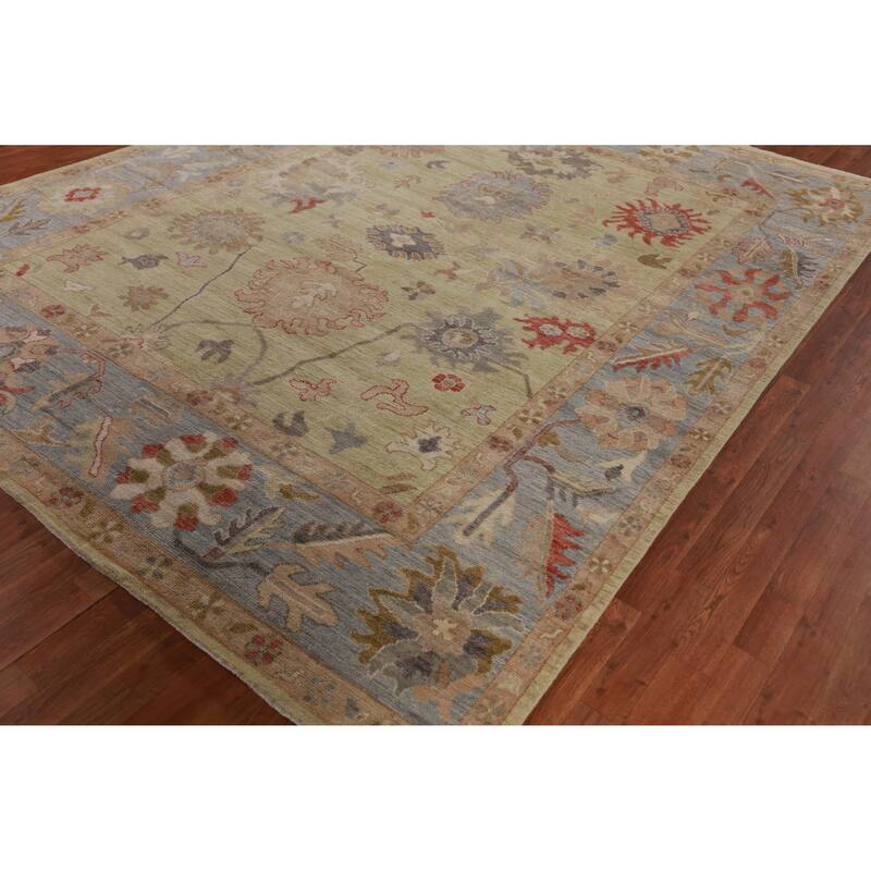 Hand Knotted Oriental 100% Wool Carpet Transitional All-Over Green Oushak Area Rug - 10' 3'' X 8' 7''