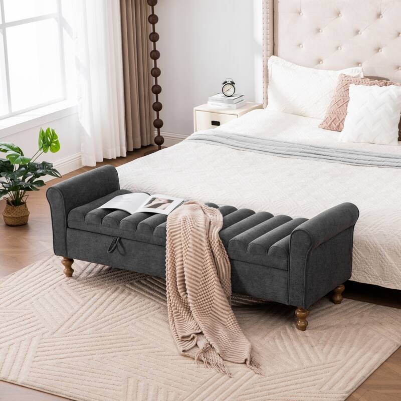 End of Bed Bench Charcoal Storage Bench with Rubberwood Legs, Rustic Indoor Bench Ottoman Bench with Armrests
