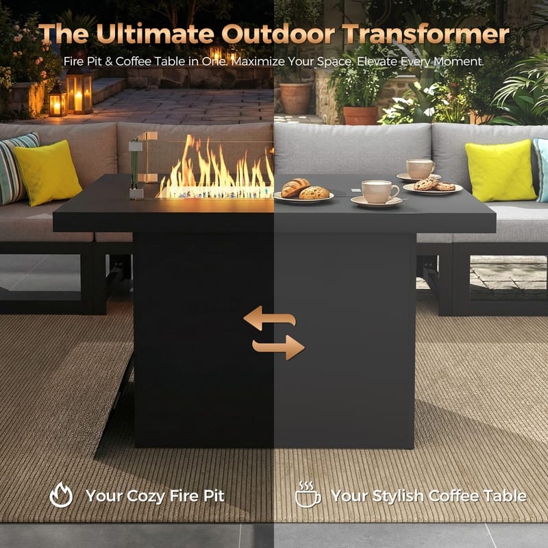 43" Outdoor Aluminum Gas Fire Pit Table, 60,000 BTU, Propane/Natural Gas, Glass Wind Guard