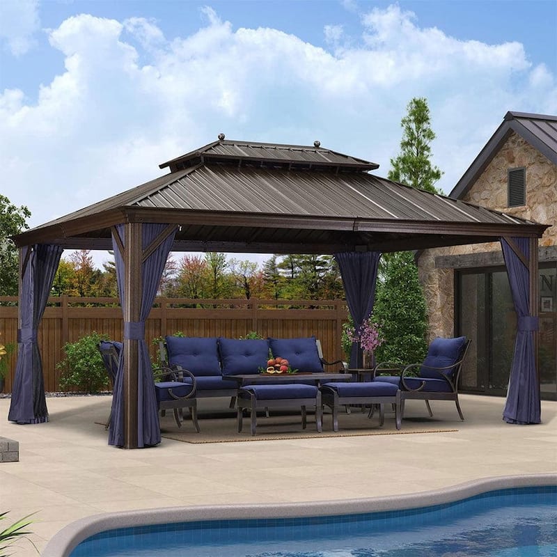 PURPLE LEAF Outdoor Hardtop Gazebo For Patio Bronze Aluminum Frame Pavilion With Navy-Blue Curtain - 12ft x 16ft - Navy