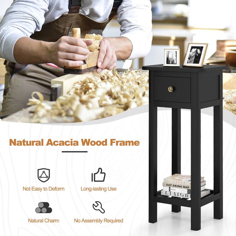Gymax 2PCS Solid Wood Side Table Rectangular Sofa Side Table w/ Acacia