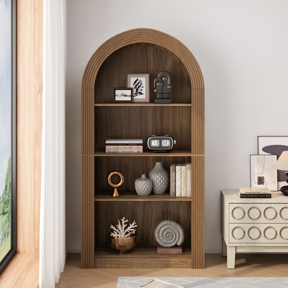 78.74" Mid-Century Modern 4-Tier Tall Arched Storage Bookcase with Open Display Shelf.