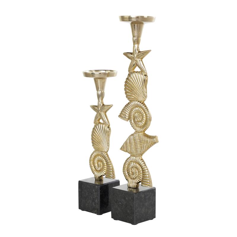 Gold or Silver Aluminum Metal Shell Candle Holder with Black Marble Bases (Set of 2)