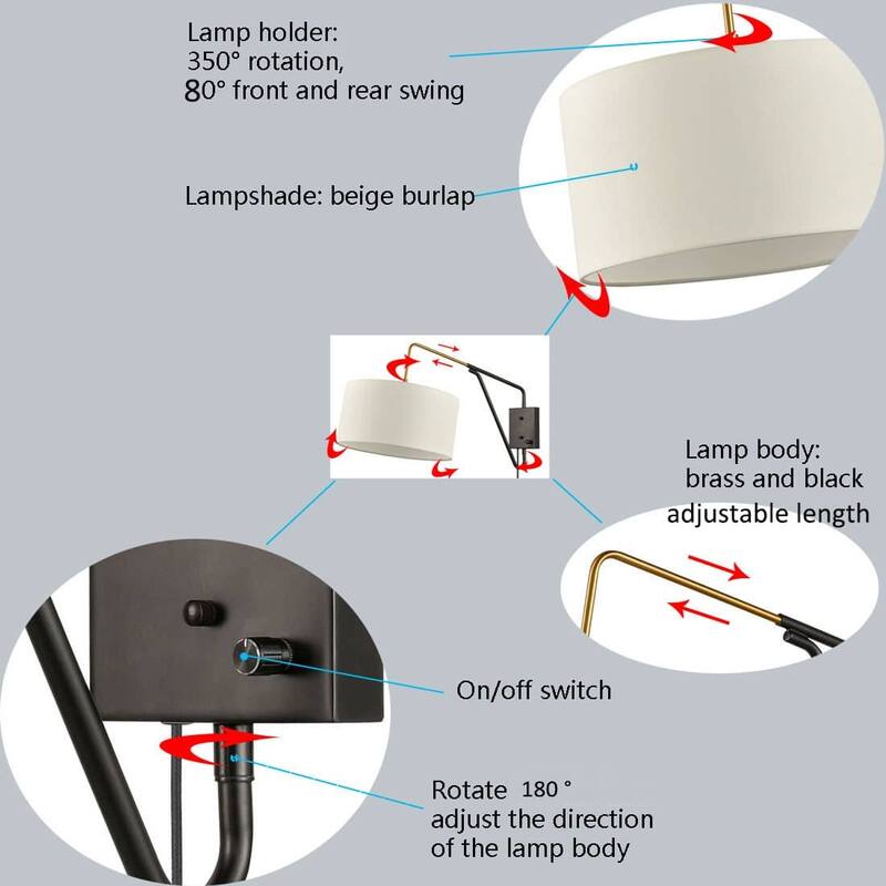 Hierro Mid-Century Fabric Plug-in Wall Light Swing Arm Wall Lamp - Black & Brass