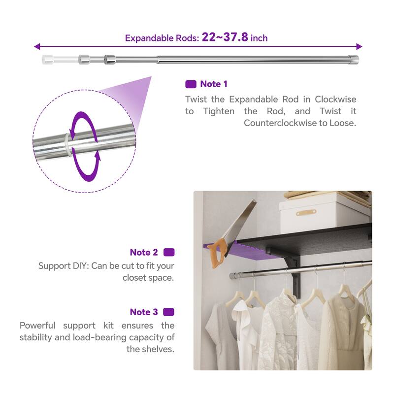 Walk-In Closet Set of 2: 45"-153" Adjustable Organizer System with 6 Extendable Rods, 4 Drawers, 6 Shelves, Mirror