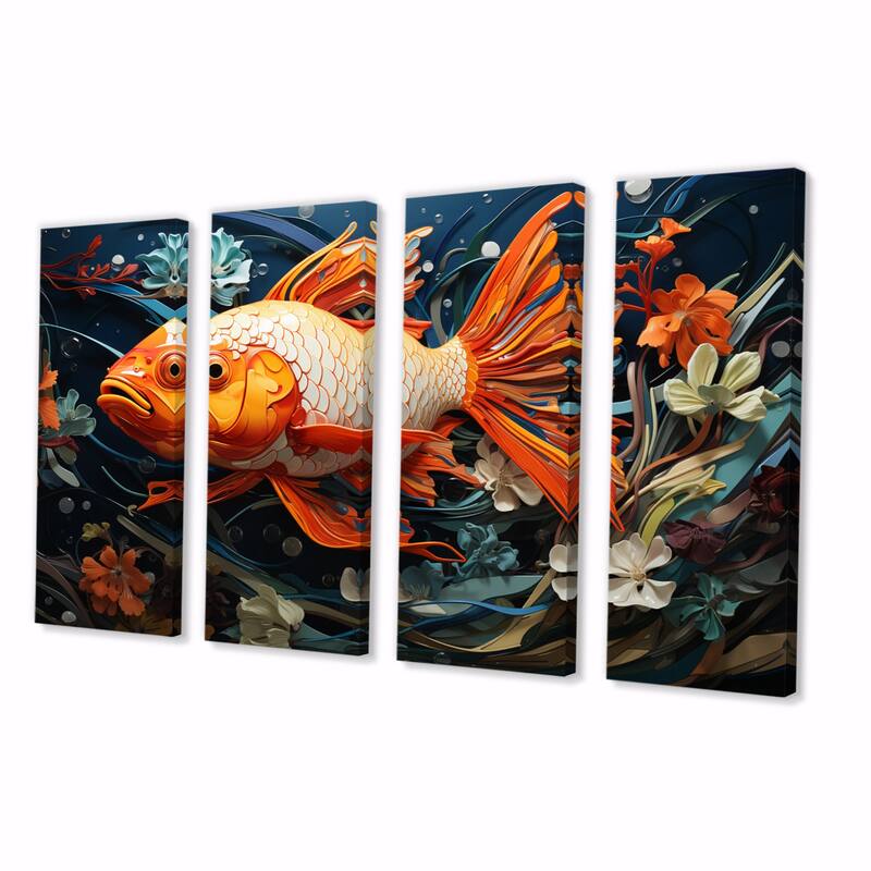 Designart "Geometric Orange Fish I" Animals Multipanel Canvas Print set
