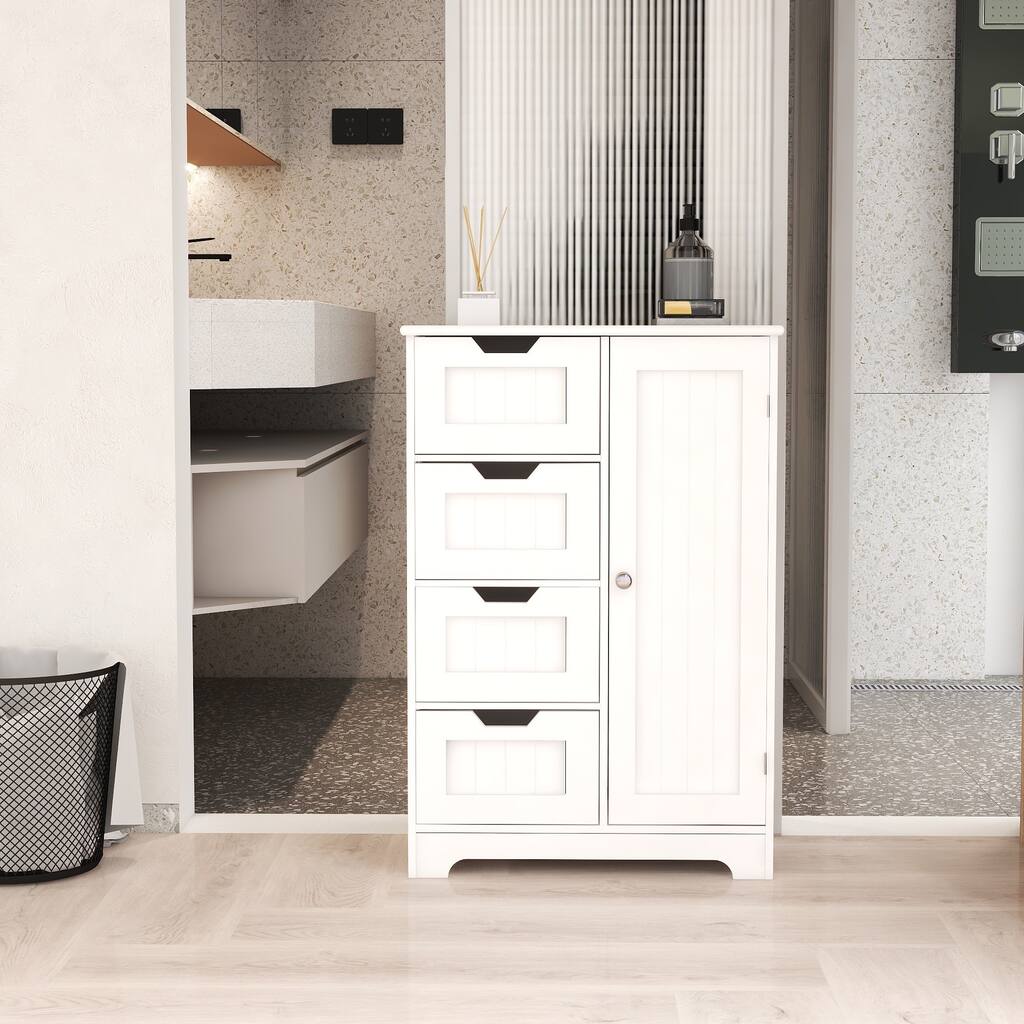 White Freestanding Floor Storage Cabinet With Adjustable Shelves, 4 Drawers And 1 Door